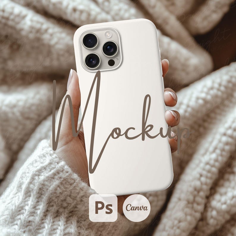 Silicone Phone Case Mockup of an iPhone held by a young woman's hand in front of some cozy beige wool blankets. Works in Photoshop, Photopea and Canva.
