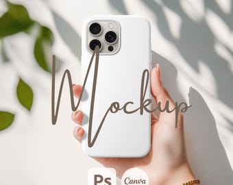May include: A white phone case mockup held in a hand, with the word "Mockup" overlaid in a brown script. The phone case has a triple-lens camera. A gold bracelet adorns the wrist. The image also includes the logos for "Ps" and "Canva".