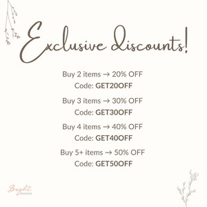 Text with information about the product. 
Exclusive discounts!
Buy 2 items → 20% OFF 
Code: GET20OFF
Buy 3 items → 30% OFF 
Code: GET30OFF
Buy 4 items → 40% OFF 
Code: GET40OFF
Buy 5+ items → 50% OFF 
Code: GET50OFF