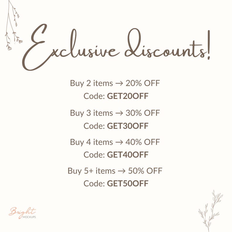 Text with information about the product. 
Exclusive discounts!
Buy 2 items → 20% OFF 
Code: GET20OFF
Buy 3 items → 30% OFF 
Code: GET30OFF
Buy 4 items → 40% OFF 
Code: GET40OFF
Buy 5+ items → 50% OFF 
Code: GET50OFF