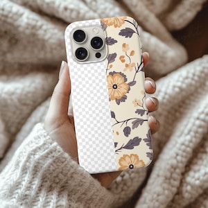 Silicone Phone Case Mockup of an iPhone held by a young woman's hand in front of some cozy beige wool blankets. Works in Photoshop, Photopea and Canva.
