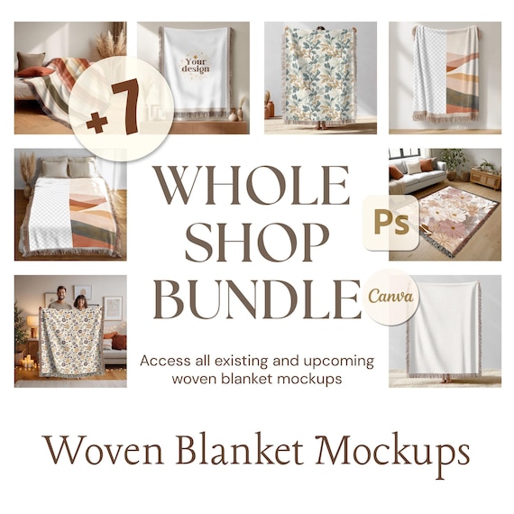 Woven Blanket Mockup Bundle, Whole Shop Bundle, Jacquard Fabric, Canva Drag and Drop Template, PSD Woven Blanket Mock Up, Instant Download