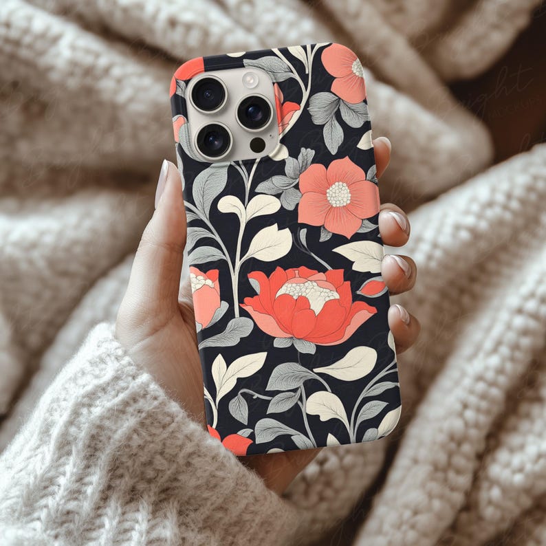 Silicone Phone Case Mockup of an iPhone held by a young woman's hand in front of some cozy beige wool blankets. Works in Photoshop, Photopea and Canva.
