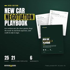 May include: The 2026 Edition New Car Negotiation Playbook is a digital guide featuring 25 pages, 21 scripts and templates, and 6 worksheets. The dark green cover displays the title in white and yellow text, with additional pages showing tables.