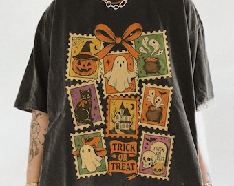 Comfort Colors Vintage Halloween Cat Ghost Shirt, Girly Halloween Shirt, Halloween Shirt, Trendy Spooky Season Shirt, Preppy Fall Aesthetic