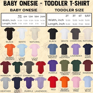 Pu&ograve; includere: Immagine di body per neonati e t-shirt per bambini piccoli in vari colori. L'immagine include una tabella delle taglie con misure in pollici per taglie neonato e bambino piccolo. I colori includono nero, bianco e rosso.