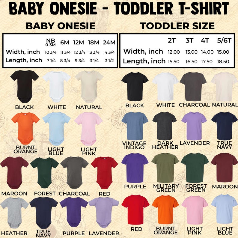 Pu&ograve; includere: Immagine di body per neonati e t-shirt per bambini piccoli in vari colori. L'immagine include una tabella delle taglie con misure in pollici per taglie neonato e bambino piccolo. I colori includono nero, bianco e rosso.