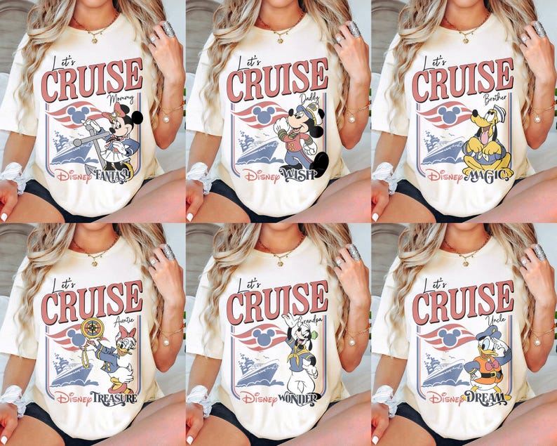 May include: Cream-colored t-shirts with a retro cruise design featuring Disney characters. Each shirt has the words "Let's Cruise" and a different character: Minnie, Mickey, Pluto, Daisy, Goofy, and Donald Duck. The shirts are a fun, casual style.