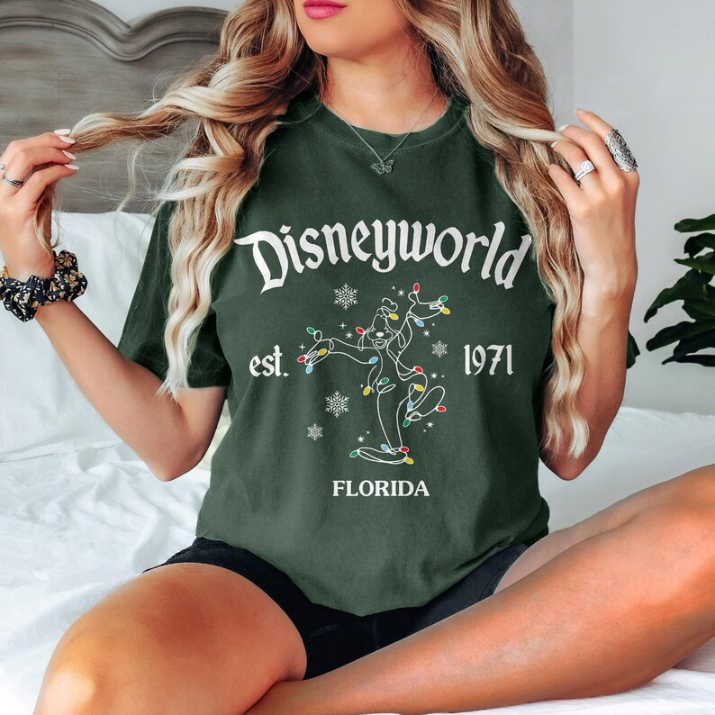 May include: Dark green t-shirt featuring the text "Disneyworld" in white script, with "est. 1971" and "Florida". A line drawing of a character is decorated with colourful lights and snowflakes.