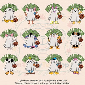 May include: A collection of cartoon characters dressed as ghosts, each holding a jack-o'-lantern. The word "Halloween" is arched above each character. The characters include Mickey Mouse, Winnie the Pooh, and others.