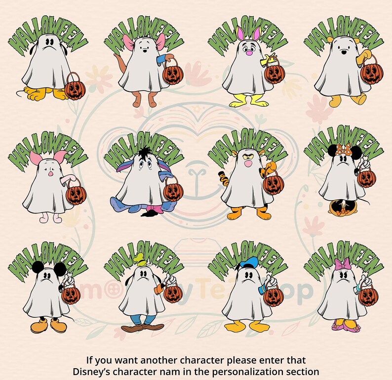 May include: A collection of cartoon characters dressed as ghosts, each holding a jack-o'-lantern. The word "Halloween" is arched above each character. The characters include Mickey Mouse, Winnie the Pooh, and others.