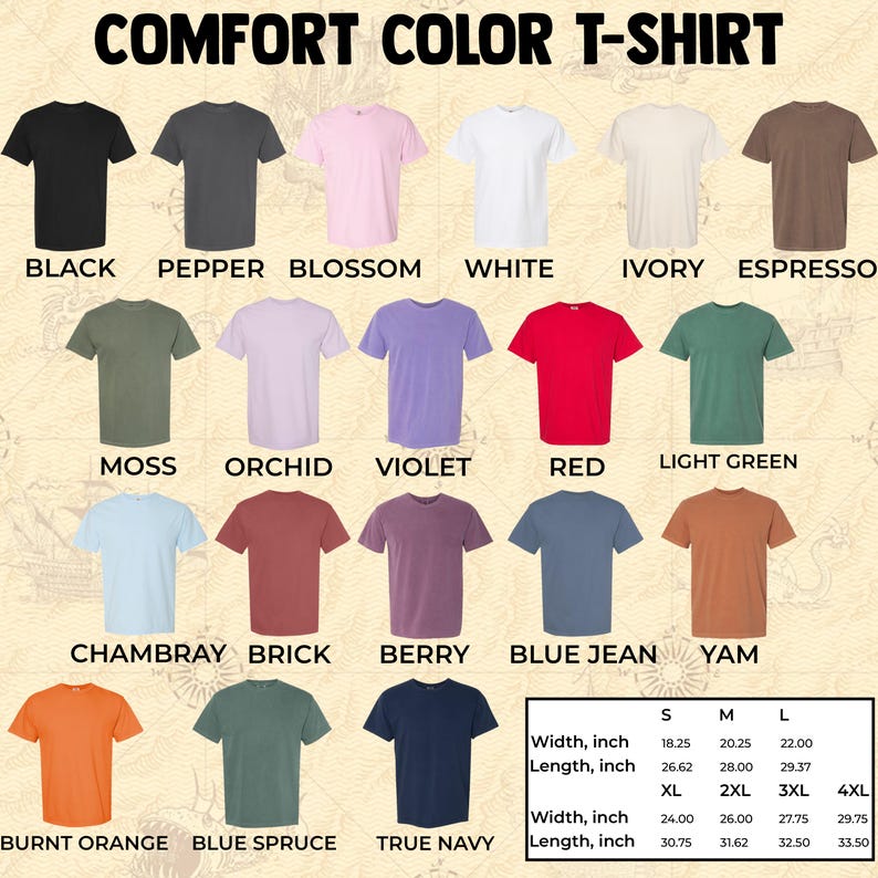 Pu&ograve; includere: Esposizione di magliette Comfort Color in vari colori, tra cui nero, bianco e rosso. L'immagine include una tabella delle taglie con misure in pollici, che corrispondono a 46,36 cm, 51,44 cm, 55,88 cm, 60,96 cm, 66,04 cm, 70,49 cm e 75,57 cm.