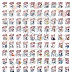 May include: A sheet of Disney Cruise stickers featuring various characters. Each sticker has a "Cruise" banner with a ship graphic. The text at the bottom reads, "If you want another character please enter that Disney's character name in the personalization section."