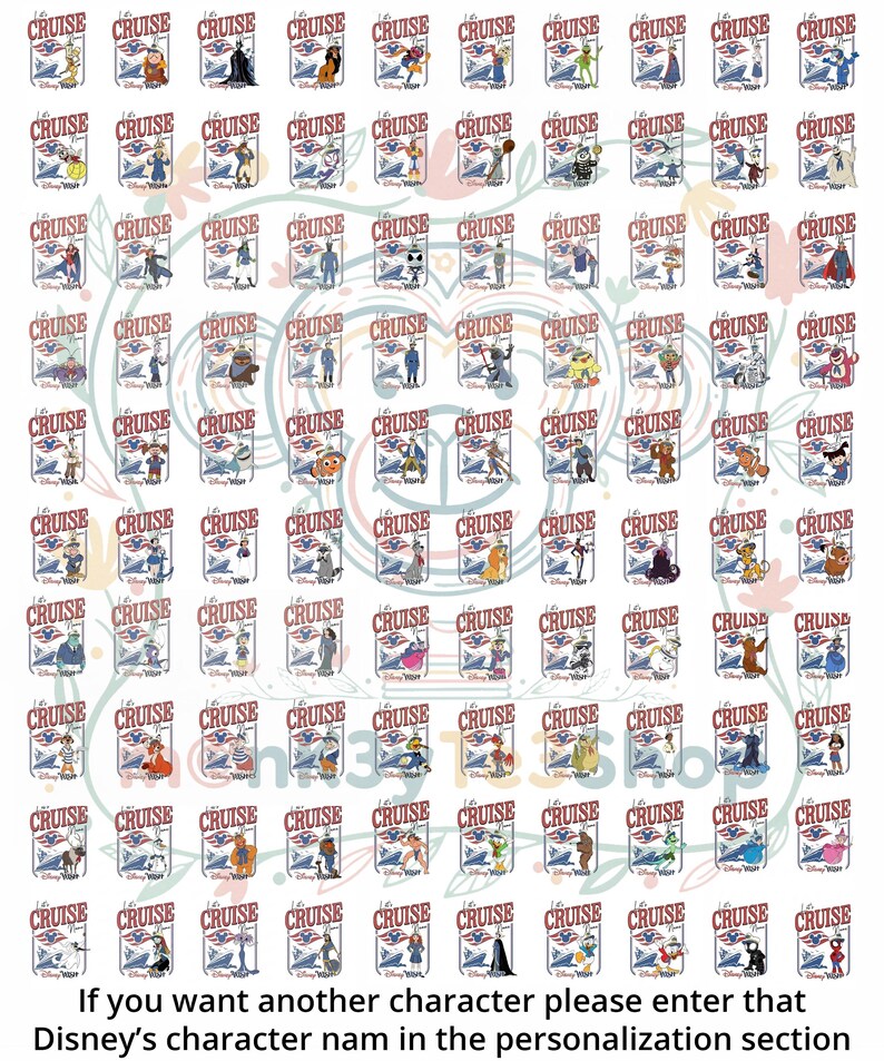 May include: A sheet of Disney Cruise stickers featuring various characters. Each sticker has a "Cruise" banner with a ship graphic. The text at the bottom reads, "If you want another character please enter that Disney's character name in the personalization section."