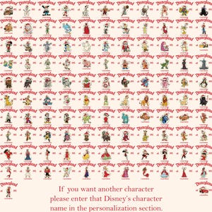 May include: A repeating pattern featuring various Disney characters, including Mickey Mouse, Donald Duck, and Goofy, with the Disneyland logo and the year 1955. The text at the bottom reads, "If you want another character please enter that Disney's character name in the personalization section."