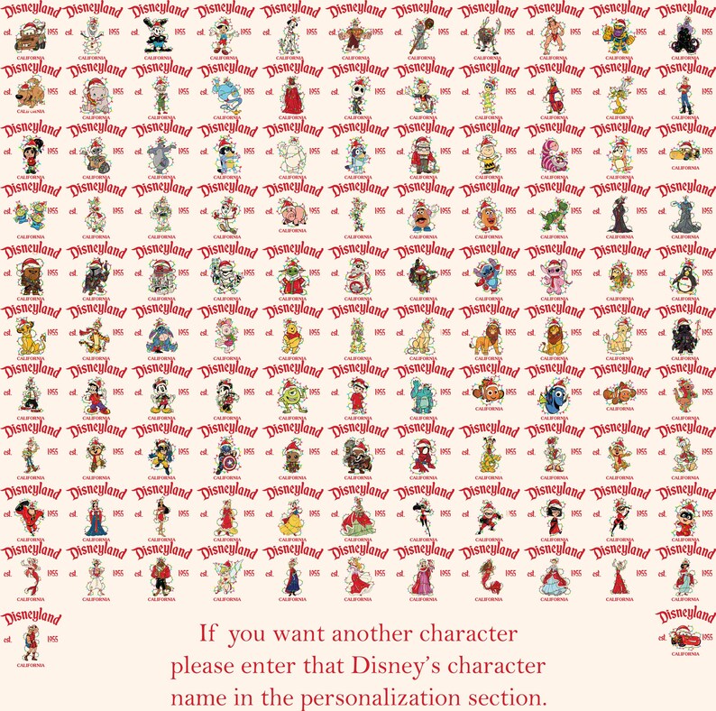 May include: A repeating pattern featuring various Disney characters, including Mickey Mouse, Donald Duck, and Goofy, with the Disneyland logo and the year 1955. The text at the bottom reads, "If you want another character please enter that Disney's character name in the personalization section."