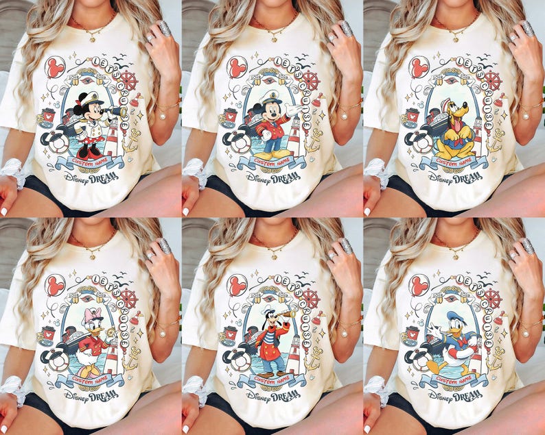 K&ouml;nnte beinhalten: Cremefarbene T-Shirts mit nautischen Disney-Charakter-Designs. Jedes Shirt zeigt einen anderen Charakter in einer gerahmten Illustration, mit dem Schriftzug "Disney Dream" unten. Zu den Charakteren geh&ouml;ren Micky, Minnie, Pluto, Donald, Daisy und Goofy.
