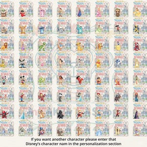 K&ouml;nnte beinhalten: Ein Raster von Disney-Charakterdesigns auf rechteckigen Hintergr&uuml;nden mit dem Text "Main Street". Das Bild zeigt Charaktere wie Winnie Puuh, Donald Duck und Schneewittchen. Der Text unten lautet: "Wenn Sie einen anderen Charakter w&uuml;nschen, geben Sie bitte den Namen des Disney-Charakters im Personalisierungsbereich ein."