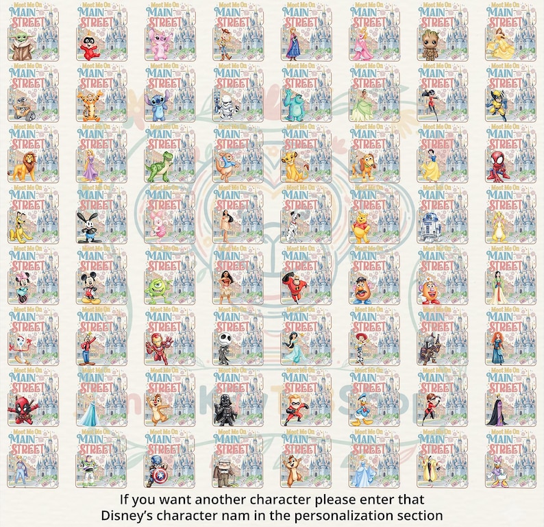 K&ouml;nnte beinhalten: Ein Raster von Disney-Charakterdesigns auf rechteckigen Hintergr&uuml;nden mit dem Text "Main Street". Das Bild zeigt Charaktere wie Winnie Puuh, Donald Duck und Schneewittchen. Der Text unten lautet: "Wenn Sie einen anderen Charakter w&uuml;nschen, geben Sie bitte den Namen des Disney-Charakters im Personalisierungsbereich ein."