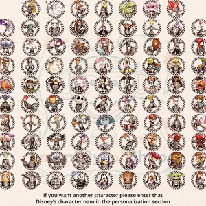 May include: A collection of circular stickers featuring various Disney characters in skeleton costumes, set against a black and white checkered background. The text at the bottom reads, "If you want another character please enter that Disney's character nam in the personalization section."