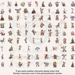 May include: A collection of cartoon character illustrations, including Disney and other pop culture figures. The image features a variety of characters in different poses and styles. Text at the bottom reads: "If you want another character please enter that Disney's character nam in the personalization section."