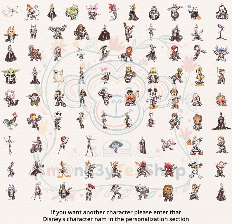 May include: A collection of cartoon character illustrations, including Disney and other pop culture figures. The image features a variety of characters in different poses and styles. Text at the bottom reads: "If you want another character please enter that Disney's character nam in the personalization section."