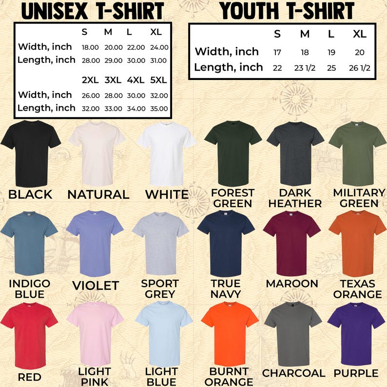 Pu&ograve; includere: Una variet&agrave; di t-shirt unisex e per ragazzi in vari colori, tra cui nero, bianco e blu navy. L'immagine mostra tabelle delle taglie con misure in pollici per taglie unisex e per ragazzi. I colori disponibili sono: rosso, rosa, blu, arancione, grigio e viola.