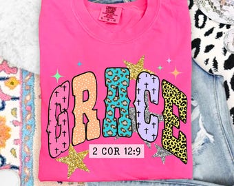 Comfort Colors Grace 2 Cor 12:9 Preppy Tshirt, Neon Trendy Christian Shirt, Summer Shirt, Neon Jesus Shirt, Bible Verse Shirt, God Tshirt