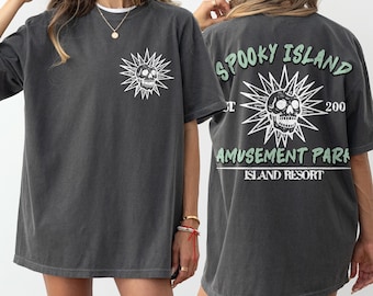 Comfort Colors Spooky Island Amusement Park 2 Side Shirt, Retro 2000s Halloween Shirt, Funny Halloween Skeleton Shirt, Disco Skull Shirt