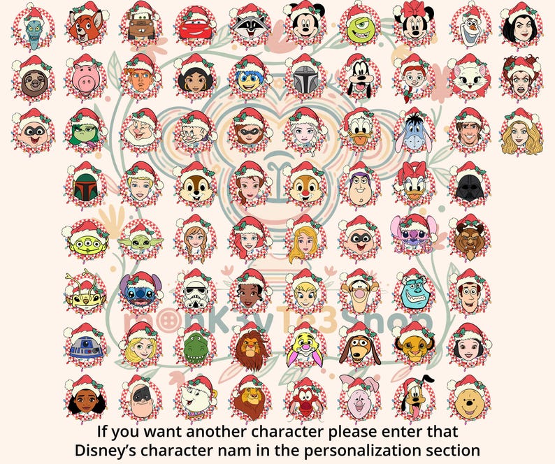 K&ouml;nnte beinhalten: Eine Sammlung von Disney-Charakterportr&auml;ts mit Weihnachtsm&uuml;tzen und umgeben von Lichterketten. Das Bild zeigt Charaktere wie Mickey Mouse, Darth Vader und Winnie the Pooh. Der Text auf dem Bild lautet: "If you want another character please enter that Disney's character nam in the personalization section."