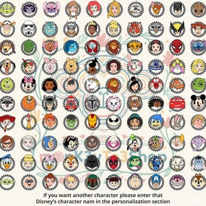 May include: A selection of circular Disney character designs, each with a different character. The designs are on a white background with a black and white checkered border. The image includes characters from various Disney films.