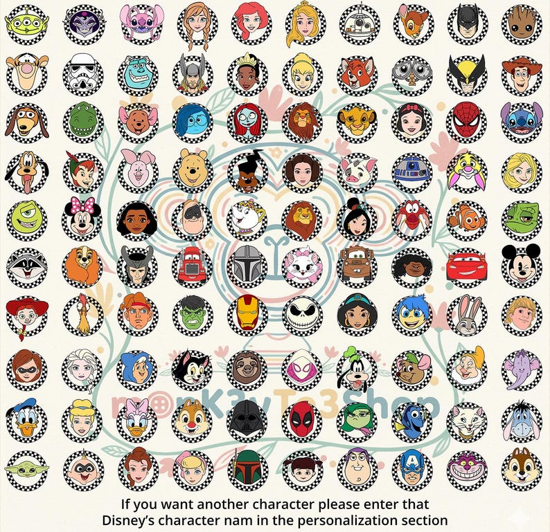 May include: A selection of circular Disney character designs, each with a different character. The designs are on a white background with a black and white checkered border. The image includes characters from various Disney films.
