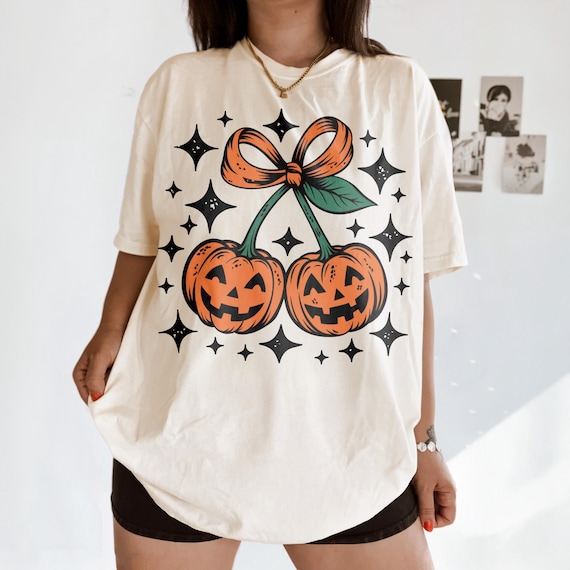 Comfort Colors Coquette Pumpkin Cherries Shirt, Autumn Girly Shirt, Halloween Pumpkin Shirt, Pumpkin Bow Shirt, Retro Fall Pumpkin Shirt