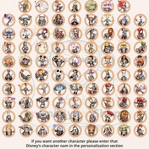 May include: A collection of circular stickers featuring various cartoon characters wearing black skeleton costumes. Each character is framed by a brown and white checkered border. The text at the bottom reads: If you want another character please enter that Disney's character nam in the personalization section.