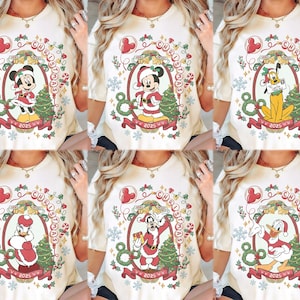 Chemise rétro Noël 2025 Disney, chemise tous les personnages de Noël Disney, chemises de Noël famille Disney, chemises de groupe de Noël Disney image 1