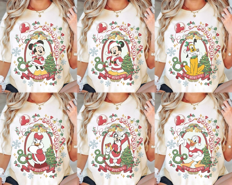 Chemise rétro Noël 2025 Disney, chemise tous les personnages de Noël Disney, chemises de Noël famille Disney, chemises de groupe de Noël Disney image 1