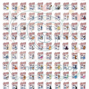 May include: A sheet of Disney Cruise designs featuring various characters. Each design includes the word "CRUISE" in red and white, with a ship graphic. The text at the bottom reads, "If you want another character please enter that Disney's character name in the personalization section."