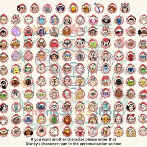 May include: A grid of Disney character portraits, each adorned with a Santa hat and a decorative wreath. The image showcases a range of popular characters, ideal for festive products. Text at the bottom reads: "If you want another character please enter that Disney's character nam in the personalization section."