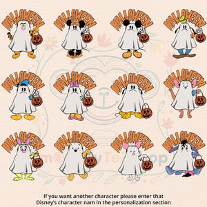 May include: A collection of Halloween-themed character designs. Each character is dressed as a ghost and holding a jack-o'-lantern. The word "Halloween" is arched above each character. The characters include Mickey Mouse, Donald Duck, and Winnie the Pooh.