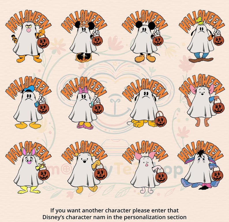 May include: A collection of Halloween-themed character designs. Each character is dressed as a ghost and holding a jack-o'-lantern. The word "Halloween" is arched above each character. The characters include Mickey Mouse, Donald Duck, and Winnie the Pooh.