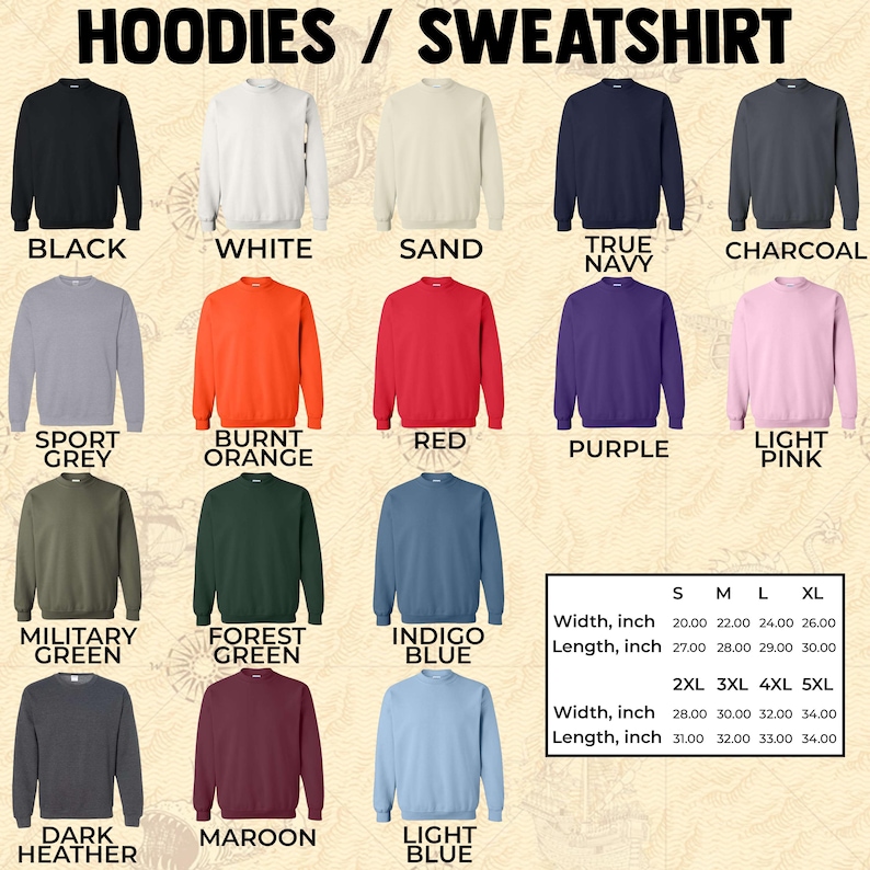 Pu&ograve; includere: Una selezione di felpe girocollo in vari colori, tra cui nero, bianco e rosso. L'immagine mostra i colori e le taglie disponibili, con misure in pollici. Il testo in alto recita "HOODIES / SWEATSHIRT".