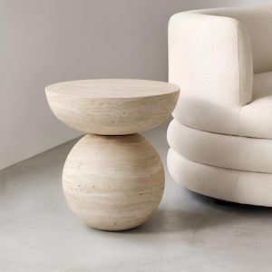 Travertine Coffee Table Round Plinth Top Sphere Base Stone Side Table Living Room Furniture