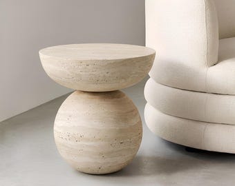 Travertine Coffee Table Round Plinth Top Sphere Base Stone Side Table Living Room Furniture