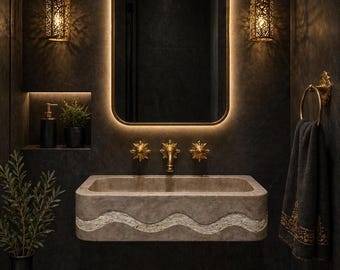 Travertine Wall Mount Sink Hidden Drain, Beige Rectangular Stone Basin Rustic Farmhouse Bahtroom
