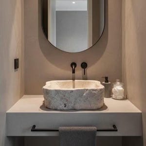 Lavabo de sobreponer de travertino plateado, lavabo rústico de piedra natural estilo casa de campo, pequeño lavabo cincelado