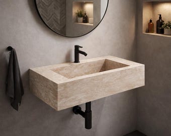 Handmade Travertine Wall Mount Sink, Rectangular Natural Stone Vanity Basin