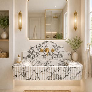 Peut inclure: Une salle de bain luxueuse avec un lavabo en marbre et des éléments dorés. Le lavabo présente un design cannelé avec des veines noires. Un grand miroir doré est suspendu au-dessus du lavabo. Deux appliques dorées ornent le mur. Un tapis tissé est posé au sol.