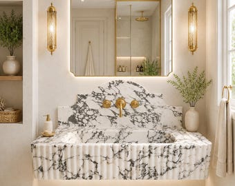 Calacatta Viola Marble Wall Mount Vanity Sink with Fluted Backsplash, Luxury Powder Room Basin