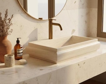 Handmade Beige Marble Sink Rectangular Vessel, Farmhouse Bathroom Vanity Countertop Basin, Rustic Powder Room