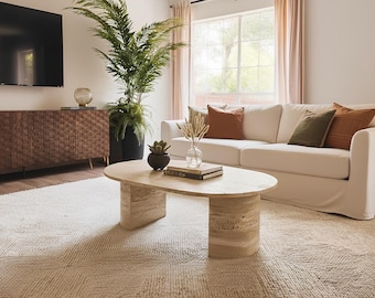 Oval Travertine Center Coffee Table, Hand-Cut Natural Stone Pedestal, Luxury Rustic Living Room Furniture